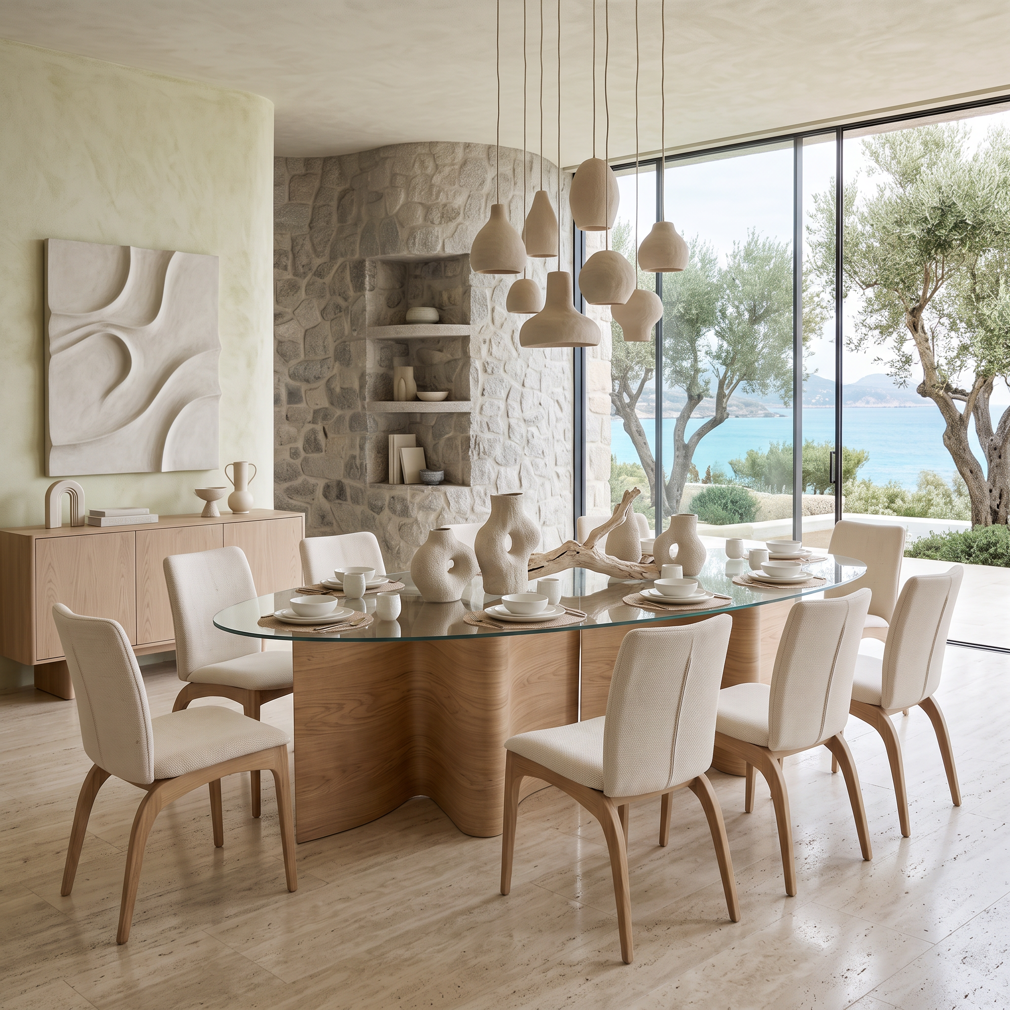 Masa Dining Lemn Masiv Furniruit cu Blat de Sticla Meandra, Fluid Homedit