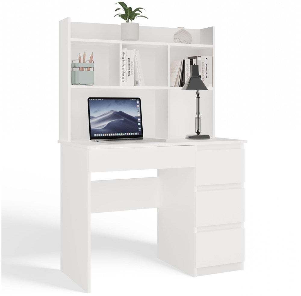 Birou MIJAS Drept cu Suprastructură, 4 Sertare, 4 Polițe, 98 x 146 x 51 cm, Alb Mat, Homedit