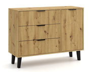 Comodă Scandi 1D3S SLIM, 1 ușă, 3 sertare, front riflat, 110 x 81.5 x 39 cm, Stejar Artisan, Homedit