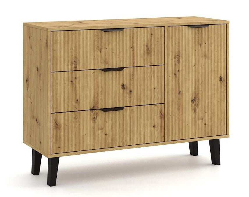 Comodă Scandi 1D3S SLIM, 1 ușă, 3 sertare, front riflat, 110 x 81.5 x 39 cm, Stejar Artisan, Homedit