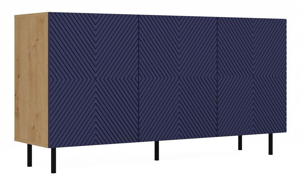 Comodă KAMA 3D/K cu fronturi riflate, 3 uși, 150 x 78 x 40 cm, Stejar Artisan și Granat, Homedit