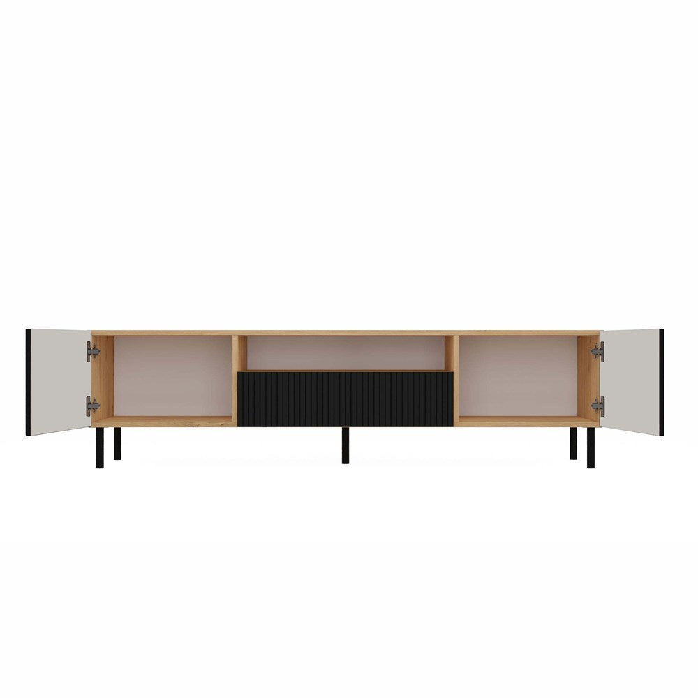 Comodă TV KAMA 160 SLIM, cu fronturi frezate, 160 x 43 x 40 cm, Stejar Artisan și Negru, Homedit