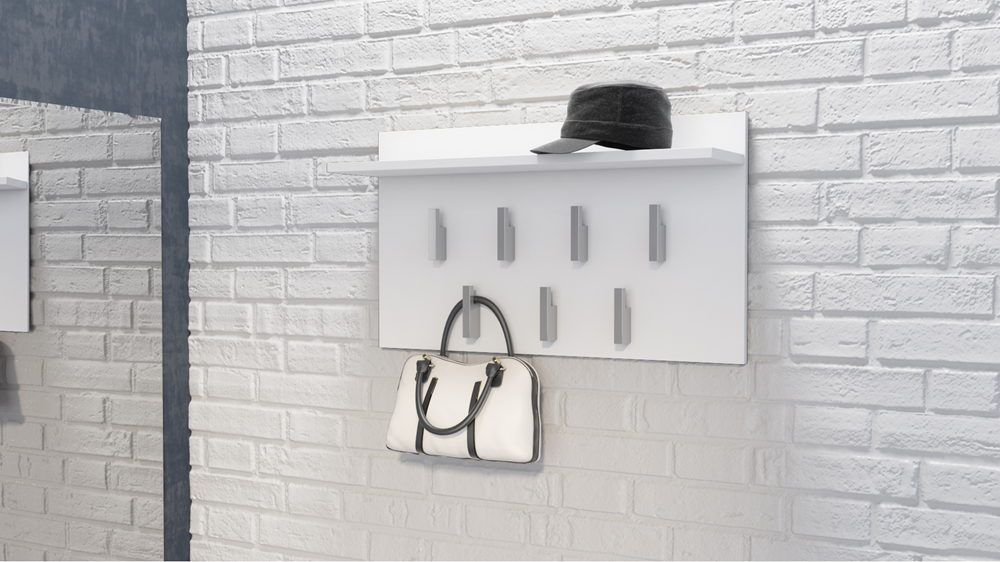 Cuier Modern 2F cu Poliță și 7 Agățătoare, 70 x 40 x 20 cm, Alb, Homedit