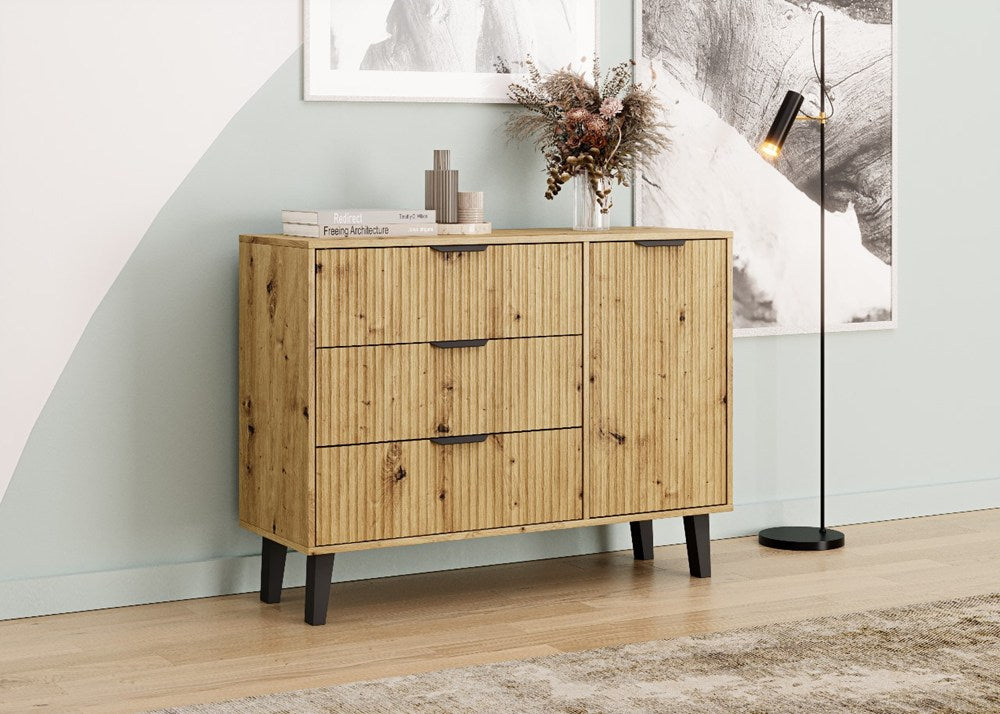 Comodă Scandi 1D3S SLIM, 1 ușă, 3 sertare, front riflat, 110 x 81.5 x 39 cm, Stejar Artisan, Homedit