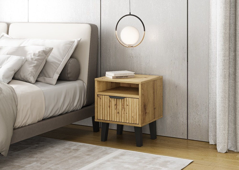 Noptieră Scandi 1S SLIM cu Front Canelat, 40 x 48 x 39 cm, Stejar Artisan, Homedit