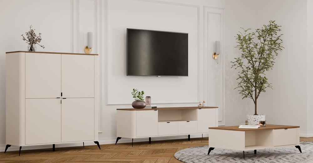 Comodă TV CORDOBA 2D2S cu 2 Uși și 2 Sertare, 186 x 55 x 43 cm, Cașmir Bej cu Stejar Castello, Homedit