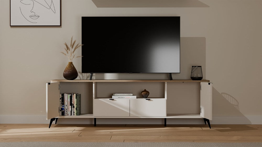 Comodă TV CORDOBA 2D2S cu 2 Uși și 2 Sertare, 186 x 55 x 43 cm, Cașmir Bej cu Stejar Castello, Homedit