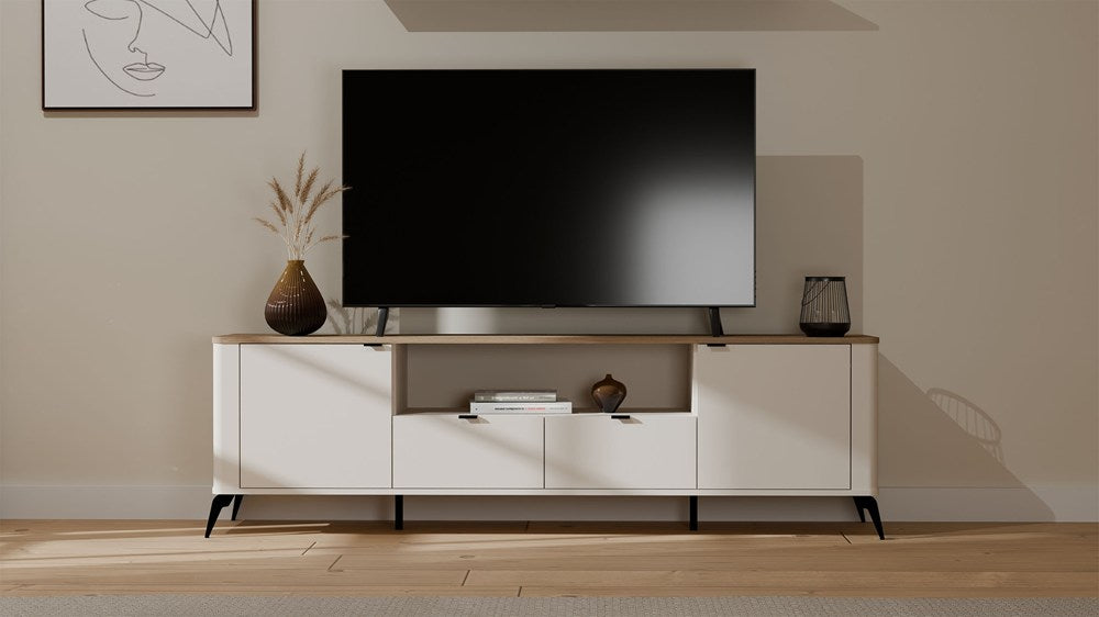 Comodă TV CORDOBA 2D2S cu 2 Uși și 2 Sertare, 186 x 55 x 43 cm, Cașmir Bej cu Stejar Castello, Homedit
