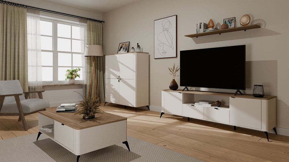 Comodă TV CORDOBA 2D2S cu 2 Uși și 2 Sertare, 186 x 55 x 43 cm, Cașmir Bej cu Stejar Castello, Homedit