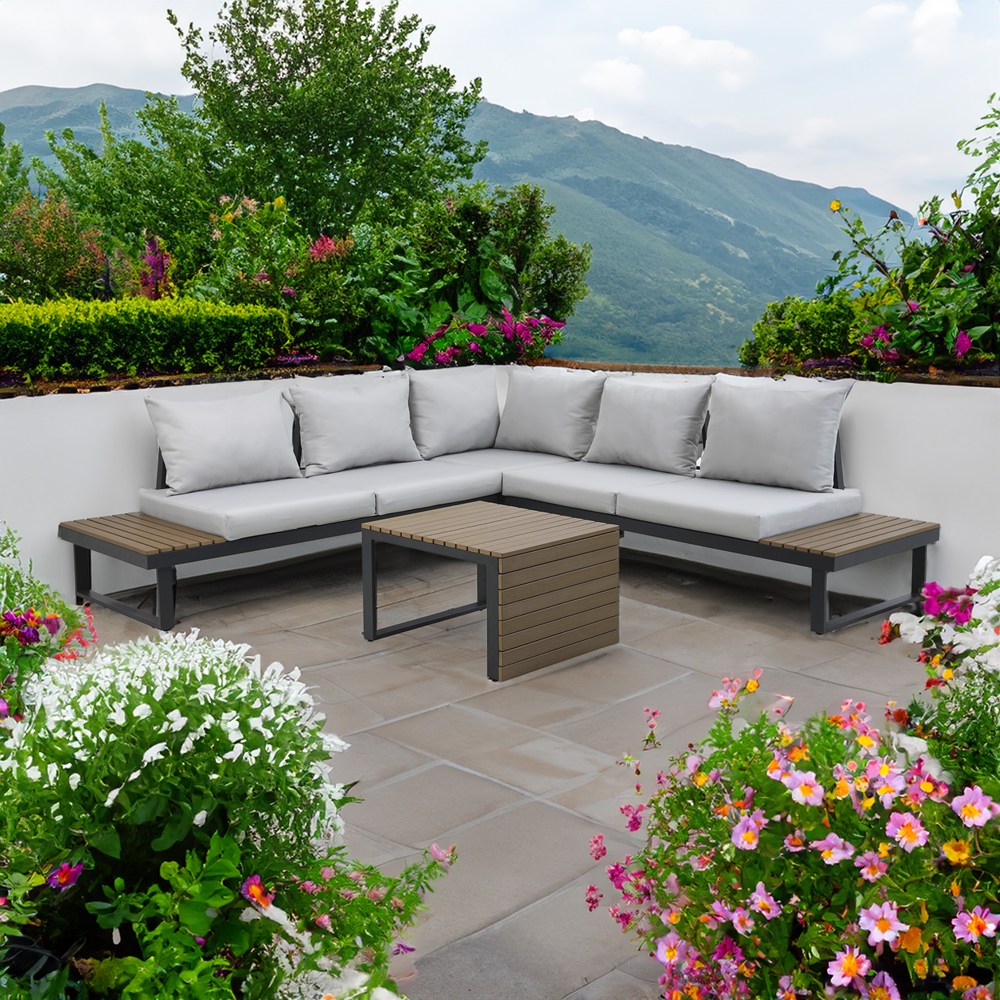 Set Mobilier Grădină Modular MARBELLA, Canapea, Colțar și Măsuță, 159 x 63 x 68.5 cm, Gri, Homedit