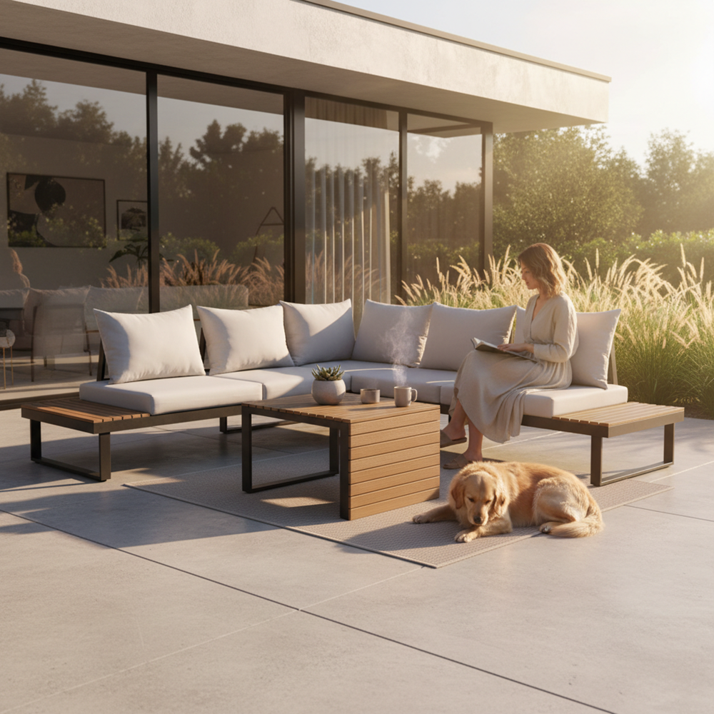 Set Mobilier Grădină Modular MARBELLA, Canapea, Colțar și Măsuță, 159 x 63 x 68.5 cm, Gri, Homedit