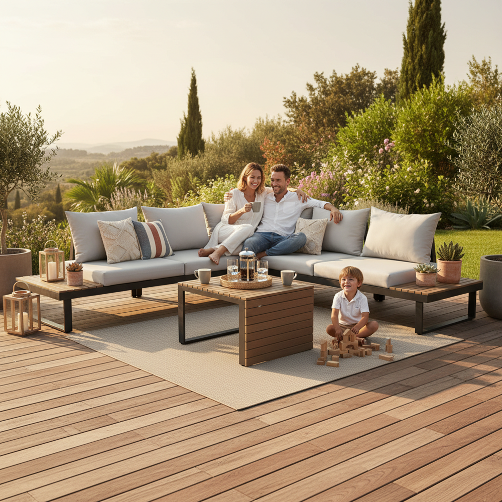Set Mobilier Grădină Modular MARBELLA, Canapea, Colțar și Măsuță, 159 x 63 x 68.5 cm, Gri, Homedit