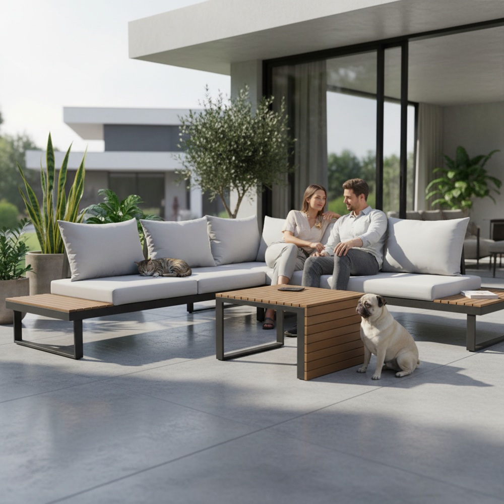 Set Mobilier Grădină Modular MARBELLA, Canapea, Colțar și Măsuță, 159 x 63 x 68.5 cm, Gri, Homedit