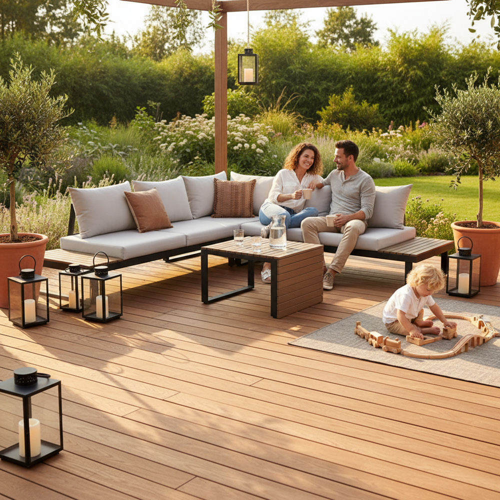 Set Mobilier Grădină Modular MARBELLA, Canapea, Colțar și Măsuță, 159 x 63 x 68.5 cm, Gri, Homedit