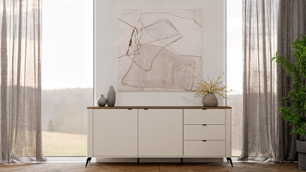 Comodă CORDOBA 2D3S, 2 uși și 3 sertare, 183 x 75 x 43 cm, Bej Cașmir cu Stejar Castello, Homedit
