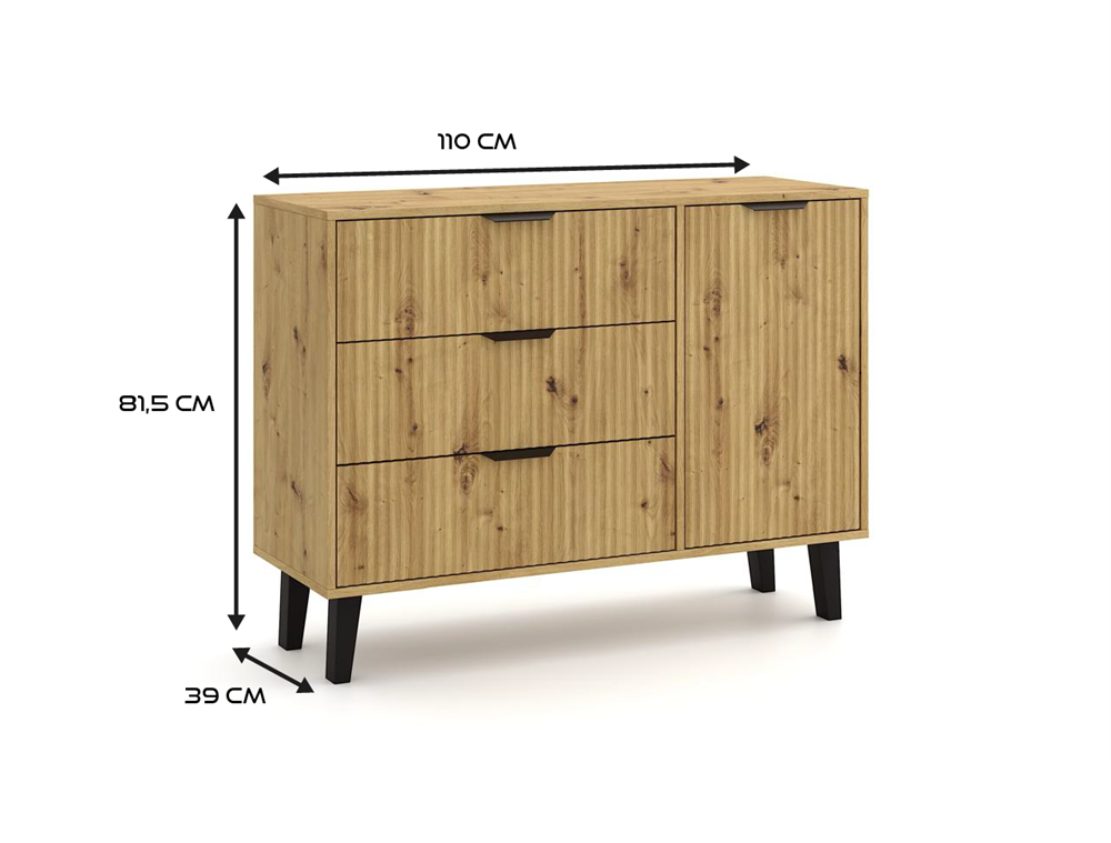 Comodă Scandi 1D3S SLIM, 1 ușă, 3 sertare, front riflat, 110 x 81.5 x 39 cm, Stejar Artisan, Homedit